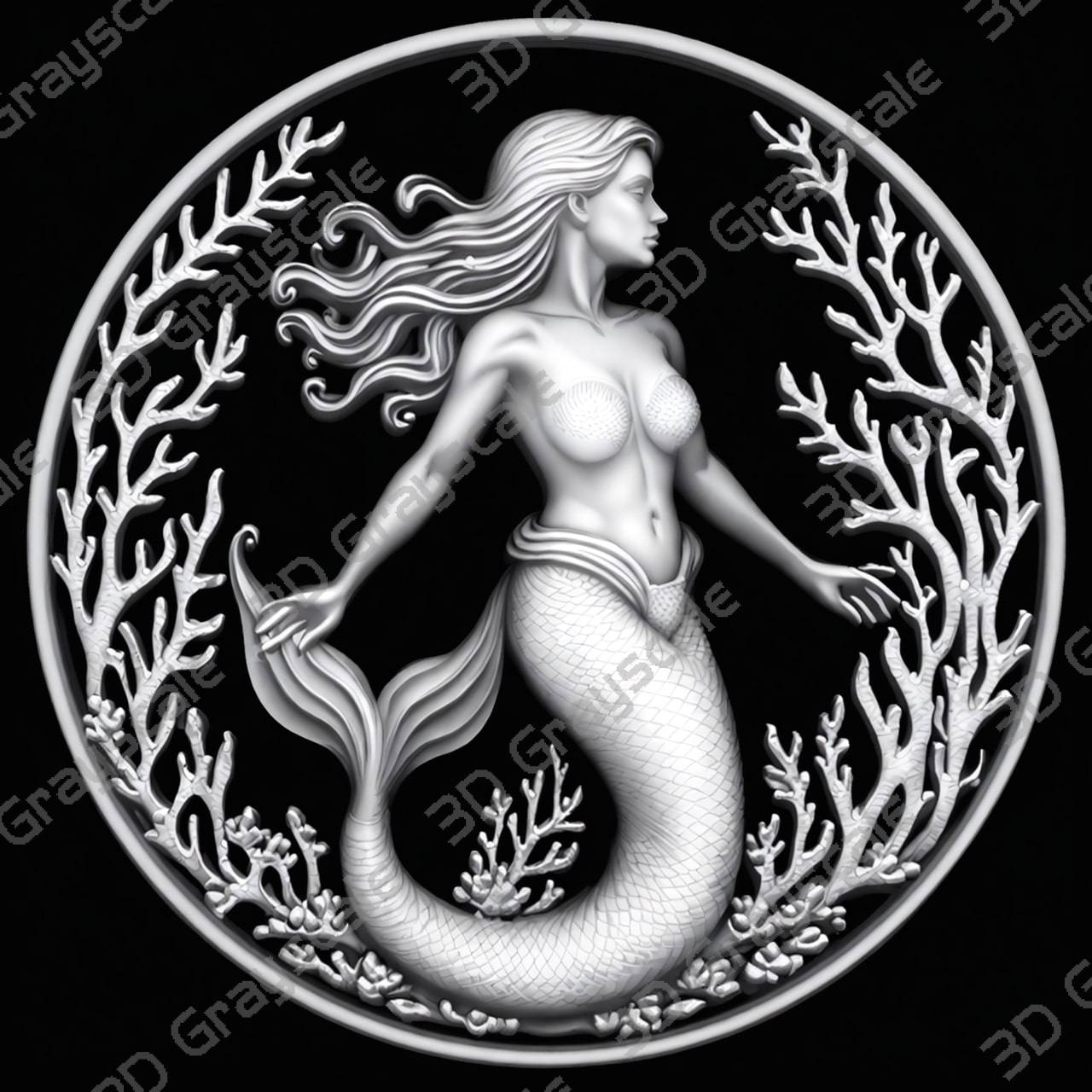 Mermaid Siren Depth & Height File | Oceanic Fantasy Engraving | CNC & Laser | Mythical Sea Design - Depth Map Mermaid Siren Depth & Height File | Oceanic Fantasy Engraving | CNC & Laser | Mythical Sea Design - Heightmap Download