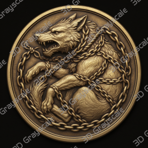 Fenrir bound viking mythology Coin 16 bit 3D Depth Map PNG, Fiber Laser Engraving File, Grayscale Height Map, LightBurn, Challenge - Heightmap Download