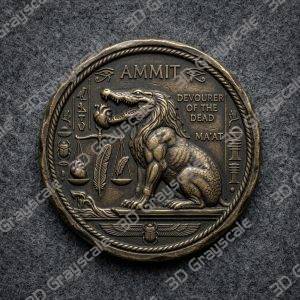 Ammit Devourer Beast Egyptian Underworld Coin 16 bit 3D Depth Map PNG, Fiber Laser Engraving File Grayscale Height Map, LightBurn, Challenge - Heightmap Download