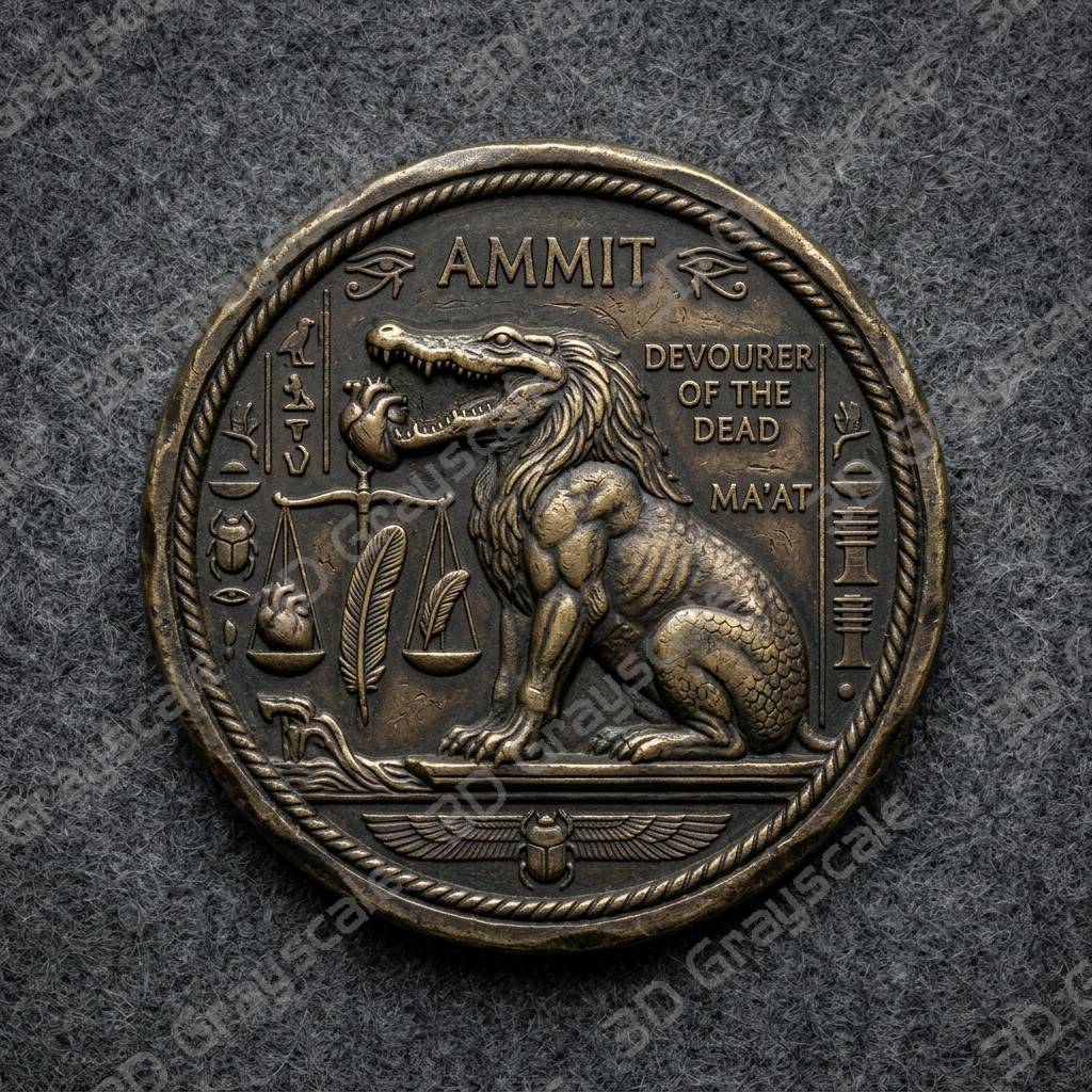 Ammit Devourer Beast Egyptian Underworld Coin 16 bit 3D Depth Map PNG, Fiber Laser Engraving File Grayscale Height Map, LightBurn, Challenge - Depth Map Ammit Devourer Beast Egyptian Underworld Coin 16 bit 3D Depth Map PNG, Fiber Laser Engraving File Grayscale Height Map, LightBurn, Challenge - Heightmap Download