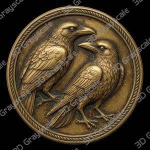 Ravens Huginn Muninn viking mythology Coin 16 bit 3D Depth Map PNG, Fiber Laser Engraving File, Grayscale Height Map, LightBurn, Challenge - Heightmap Download