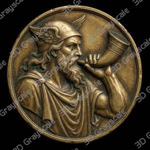 Heimdall with Gjallarhorn viking Coin 16 bit 3D Depth Map PNG, Fiber Laser Engraving File, Grayscale Height Map, LightBurn, Challenge - Heightmap Download