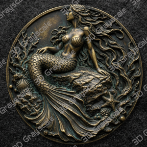 Mermaid Pirate Coin 16 bit Depth Map | 3D Laser Engraving File | Grayscale Height Map | LightBurn | Fiber Laser | Embossed | Challenge Coin PNG - Heightmap Download