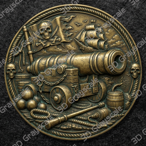 Pirate Cannon Coin 16 bit Depth Map | 3D Laser Engraving File | Grayscale Height Map | LightBurn | Fiber Laser | Embossed | Challenge Coin PNG - Heightmap Download
