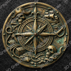 Pirate Compass Coin 16 bit Depth Map | 3D Laser Engraving File | Grayscale Height Map | LightBurn | Fiber Laser | Embossed | Challenge Coin PNG - Heightmap Download