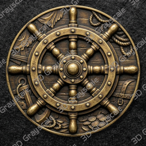Pirate Ship Wheel Coin 16 bit Depth Map | 3D Laser Engraving File | Grayscale Height Map | LightBurn | Fiber Laser | Embossed | Challenge Coin PNG - Heightmap Download