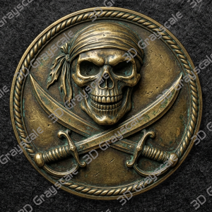 Pirate Skull & Crossed Cutlasses Coin 16 bit Depth Map, 3D Laser Engraving File, Grayscale Height Map, LightBurn, Fiber Laser, Challenge Coin PNG - Heightmap Download