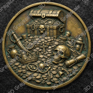 Pirate Treasure Chest 16 bit Coin Depth Map | 3D Laser Engraving File, Grayscale Height Map, LightBurn, Fiber Laser, Embossed, Challenge Coin PNG - Heightmap Download
