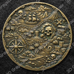 Pirate Treasure Map Coin 16 bit Depth Map | 3D Laser Engraving File | Grayscale Height Map | LightBurn | Fiber Laser | Embossed, Challenge Coin PNG - Heightmap Download