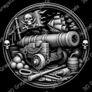 Pirate Cannon Coin 16 bit Depth Map | 3D Laser Engraving File | Grayscale Height Map | LightBurn | Fiber Laser | Embossed | Challenge Coin PNG - Heightmap Download