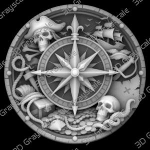 Pirate Compass Coin 16 bit Depth Map | 3D Laser Engraving File | Grayscale Height Map | LightBurn | Fiber Laser | Embossed | Challenge Coin PNG - Heightmap Download