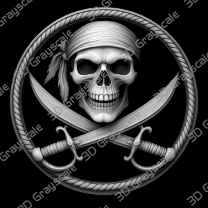 Pirate Skull & Crossed Cutlasses Coin 16 bit Depth Map, 3D Laser Engraving File, Grayscale Height Map, LightBurn, Fiber Laser, Challenge Coin PNG - Heightmap Download
