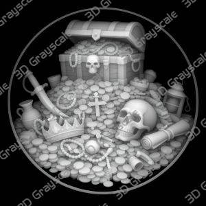 Pirate Treasure Chest 16 bit Coin Depth Map | 3D Laser Engraving File, Grayscale Height Map, LightBurn, Fiber Laser, Embossed, Challenge Coin PNG - Heightmap Download