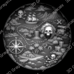 Pirate Treasure Map Coin 16 bit Depth Map | 3D Laser Engraving File | Grayscale Height Map | LightBurn | Fiber Laser | Embossed, Challenge Coin PNG - Heightmap Download