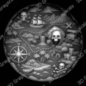 Pirate Treasure Map Coin 16 bit Depth Map | 3D Laser Engraving File | Grayscale Height Map | LightBurn | Fiber Laser | Embossed, Challenge Coin PNG - Heightmap Download