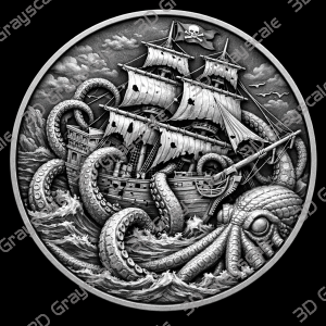 Kraken Pirate Ship Coin Depth Map | 3D Laser Engraving File | Grayscale Height Map | LightBurn | Fiber Laser | Embossed | Challenge Coin PNG - Heightmap Download