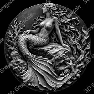 Mermaid Pirate Coin 16 bit Depth Map | 3D Laser Engraving File | Grayscale Height Map | LightBurn | Fiber Laser | Embossed | Challenge Coin PNG - Heightmap Download