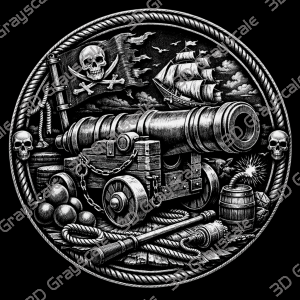 Pirate Cannon Coin 16 bit Depth Map | 3D Laser Engraving File | Grayscale Height Map | LightBurn | Fiber Laser | Embossed | Challenge Coin PNG - Heightmap Download