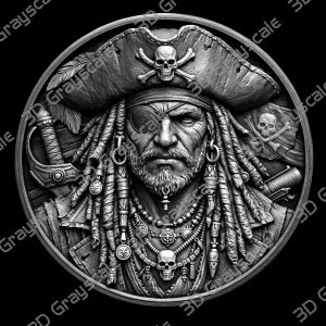 Pirate Captain Coin 16 bit Depth Map | 3D Laser Engraving File | Grayscale Height Map | LightBurn | Fiber Laser | Embossed | Challenge Coin PNG - Heightmap Download