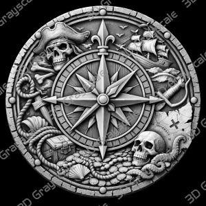 Pirate Compass Coin 16 bit Depth Map | 3D Laser Engraving File | Grayscale Height Map | LightBurn | Fiber Laser | Embossed | Challenge Coin PNG - Heightmap Download