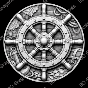 Pirate Ship Wheel Coin 16 bit Depth Map | 3D Laser Engraving File | Grayscale Height Map | LightBurn | Fiber Laser | Embossed | Challenge Coin PNG - Heightmap Download
