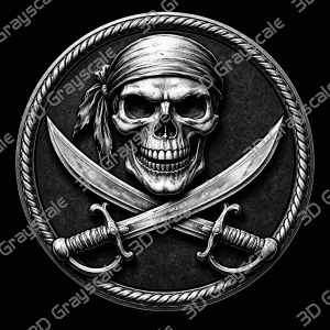 Pirate Skull & Crossed Cutlasses Coin 16 bit Depth Map, 3D Laser Engraving File, Grayscale Height Map, LightBurn, Fiber Laser, Challenge Coin PNG - Heightmap Download
