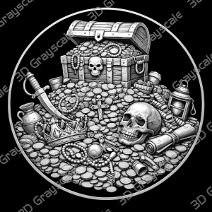 Pirate Treasure Chest 16 bit Coin Depth Map | 3D Laser Engraving File, Grayscale Height Map, LightBurn, Fiber Laser, Embossed, Challenge Coin PNG - Heightmap Download