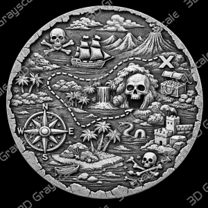 Pirate Treasure Map Coin 16 bit Depth Map | 3D Laser Engraving File | Grayscale Height Map | LightBurn | Fiber Laser | Embossed, Challenge Coin PNG - Heightmap Download