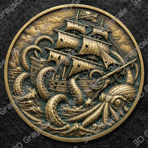 Kraken Pirate Ship Coin Depth Map | 3D Laser Engraving File | Grayscale Height Map | LightBurn | Fiber Laser | Embossed | Challenge Coin PNG - Heightmap Download