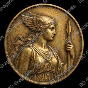 Valkyrie bearing spear viking mythology Coin 16 bit 3D Depth Map PNG, Fiber Laser Engraving File, Grayscale Height Map, LightBurn, Challenge - Heightmap Download