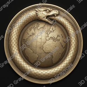Jormungandr encircling world viking Coin 16 bit 3D Depth Map PNG, Fiber Laser Engraving File, Grayscale Height Map, LightBurn, Challenge - Heightmap Download