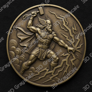 Thor hurling lightning Viking Mythology Coin 16 bit 3D Depth Map PNG, Fiber Laser Engraving File, Grayscale Height Map, LightBurn, Challenge - Heightmap Download