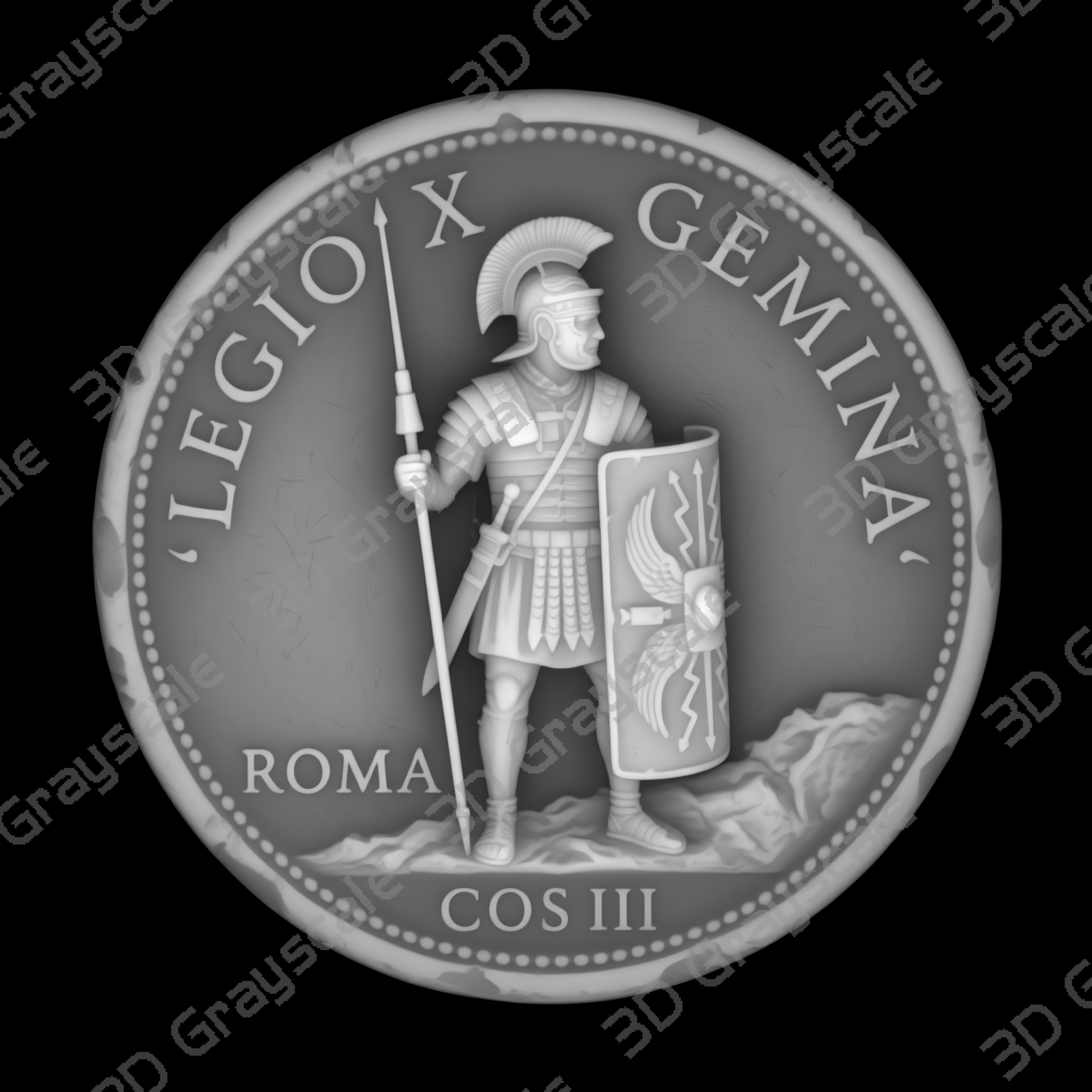Challenge Coin 3D Depth Map, CNC PNG File, Fiber Laser, Lightburn, Engraving, Embossed, Grayscale, Height Map, Legionary Soldier Roman - Depth Map Challenge Coin 3D Depth Map, CNC PNG File, Fiber Laser, Lightburn, Engraving, Embossed, Grayscale, Height Map, Legionary Soldier Roman - Heightmap Download