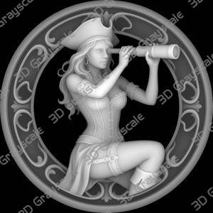 Challenge Coin 3D Depth Map, CNC PNG File, Fiber Laser, Lightburn, Engraving, Embossed, Grayscale, Height Map, Sexy Female Pirates Spy Glass - Heightmap Download