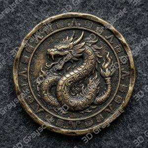 Coin Depth Map, Fiber Laser Engraving File, LightBurn, Grayscale Height Map, Embossing, CNC, PNG, Xiuhcoatl Fire Serpent Aztec Sun Stone - Heightmap Download