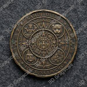 Coin Depth Map, Fiber Laser Engraving File, LightBurn, Grayscale Height Map, Embossing, CNC, PNG, Five Suns Epochs Aztec Sun Stones - Heightmap Download