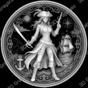 Challenge Coin 3D Depth Map, CNC PNG File, Fiber Laser, Lightburn, Engraving, Embossed, Grayscale, Height Map, Sexy Female Pirates, EDC - Heightmap Download