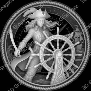 Challenge Coin 3D Depth Map, CNC PNG File, Fiber Laser, Lightburn, Engraving, Embossed, Grayscale Height Map, Sexy Female Pirates Wheel, EDC - Heightmap Download