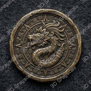 Coin Depth Map, Fiber Laser Engraving File, LightBurn, Grayscale Height Map, Embossing, CNC, PNG, Feathered Serpent Idol Aztec Sun Stone - Heightmap Download