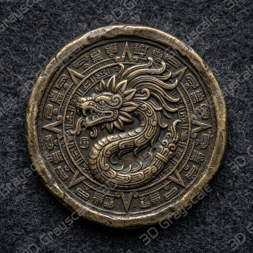 Coin Depth Map, Fiber Laser Engraving File, LightBurn, Grayscale Height Map, Embossing, CNC, PNG, Feathered Serpent Idol Aztec Sun Stone - Depth Map Coin Depth Map, Fiber Laser Engraving File, LightBurn, Grayscale Height Map, Embossing, CNC, PNG, Feathered Serpent Idol Aztec Sun Stone - Heightmap Download