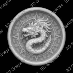 Coin Depth Map, Fiber Laser Engraving File, LightBurn, Grayscale Height Map, Embossing, CNC, PNG, Feathered Serpent Idol Aztec Sun Stone - Heightmap Download