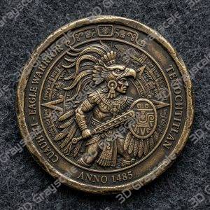 Coin Depth Map, Fiber Laser Engraving File, LightBurn, Grayscale Height Map, Embossing, CNC, PNG, Eagle Warrior Glyph Aztec Sun Stones - Heightmap Download