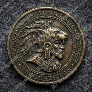 Coin Depth Map, Fiber Laser Engraving File, LightBurn, Grayscale Height Map, Embossing, CNC, PNG, Jaguar Warrior Helm Aztec Sun Stones - Heightmap Download