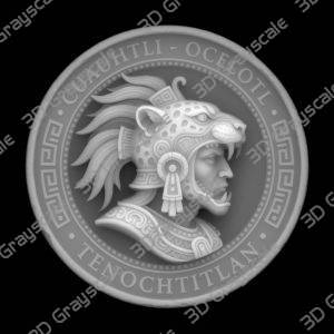 Coin Depth Map, Fiber Laser Engraving File, LightBurn, Grayscale Height Map, Embossing, CNC, PNG, Jaguar Warrior Helm Aztec Sun Stones - Heightmap Download