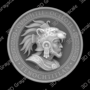 Coin Depth Map, Fiber Laser Engraving File, LightBurn, Grayscale Height Map, Embossing, CNC, PNG, Jaguar Warrior Helm Aztec Sun Stones - Heightmap Download
