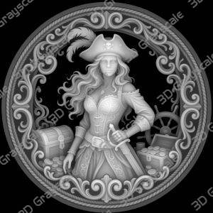 Challenge Coin 3D Depth Map, CNC PNG File, Fiber Laser, Lightburn, Engraving, Embossed, Grayscale, Height Map, Sexy Female Pirates Treasure - Heightmap Download