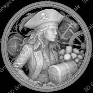 Challenge Coin 3D Depth Map, CNC PNG File, Fiber Laser, Lightburn, Engraving, Embossed, Grayscale, Height Map, Sexy Female Pirates Treasure - Heightmap Download
